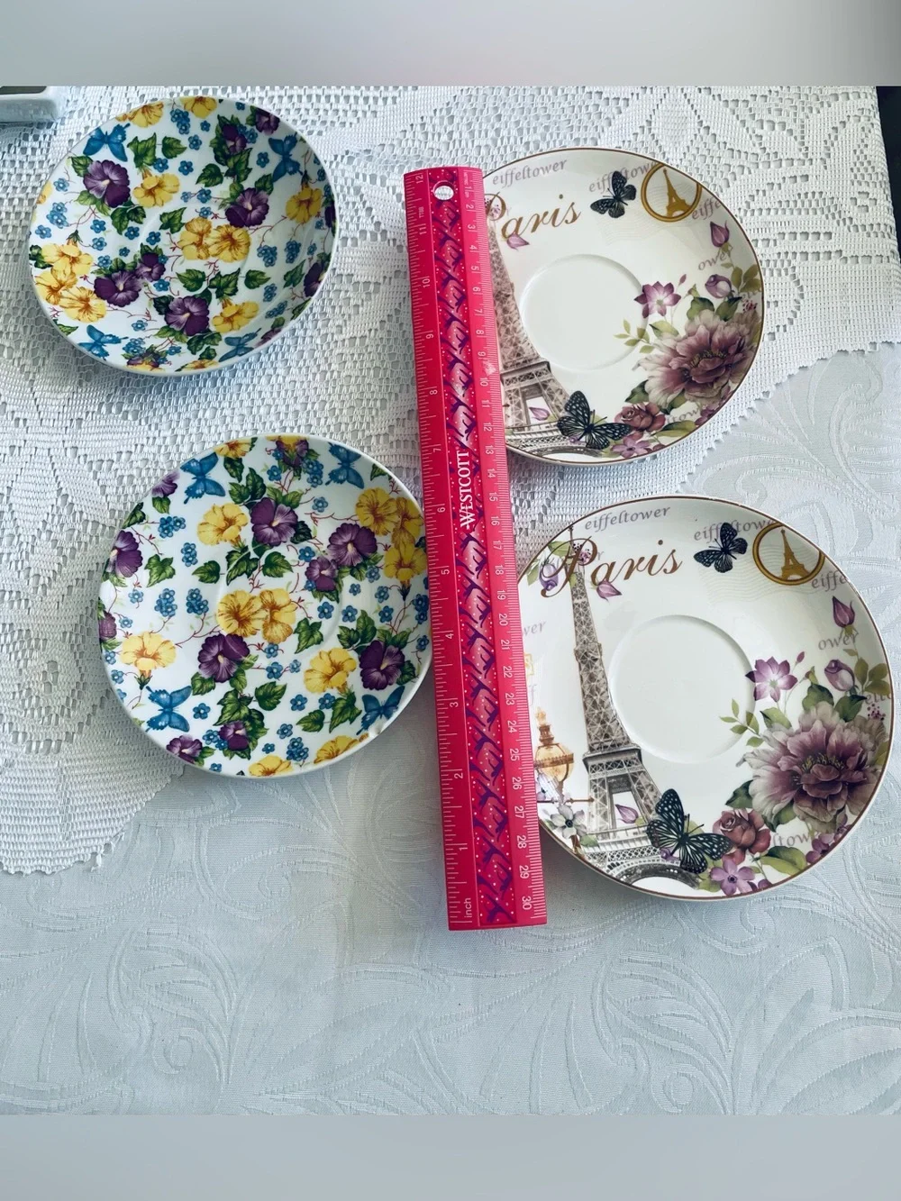 4 Floral Paris Porcelain Tea Saucer Set - White with Purple & Yellow Flowers